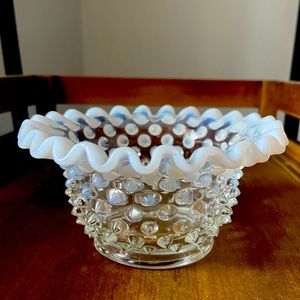 Small Fenton Hobnail opalescent ruffled bowl.